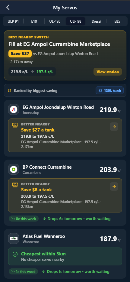 Servo Scout My Servos dashboard comparing saved stations with savings per tank and fill-now-or-wait advice
